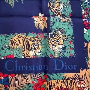 Vtg Christian Dior Hand Rolled Silk Scarf Jungle Animal Navy France Made 29.5”